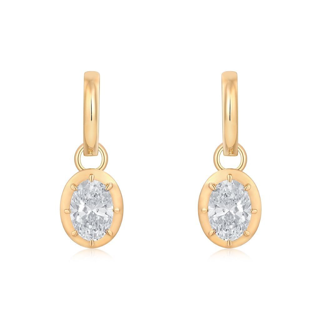 E027 Oval Lab Grown Designer Drop Huggies Earrings  | North-South Setting | 14K