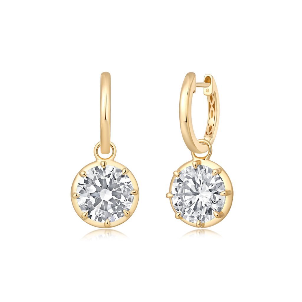 E027 Round Lab Grown Designer Drop Huggies Earrings  | 14K