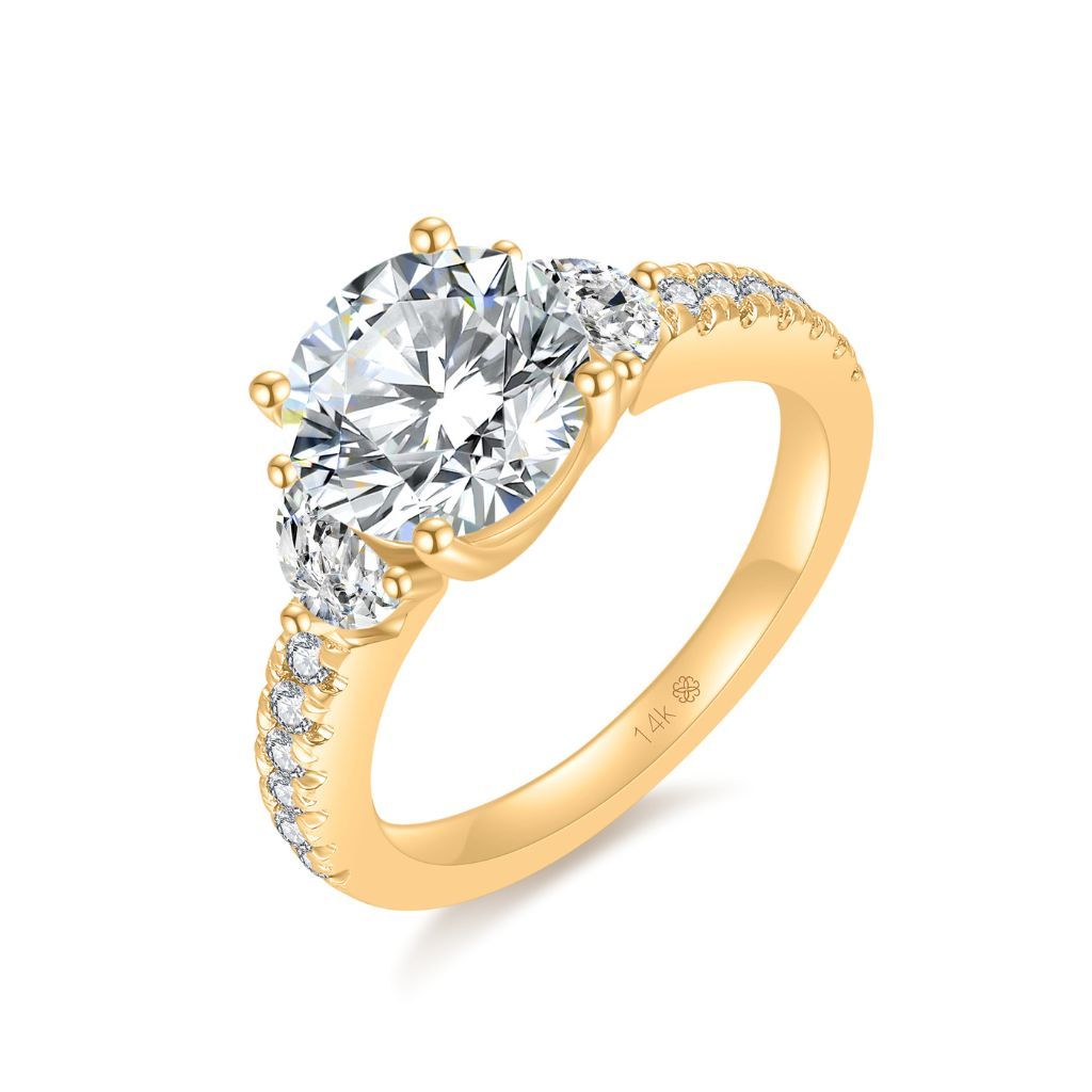 R104 Round Half-Moon Lab Grown Bridal Three Stone Pave Ring