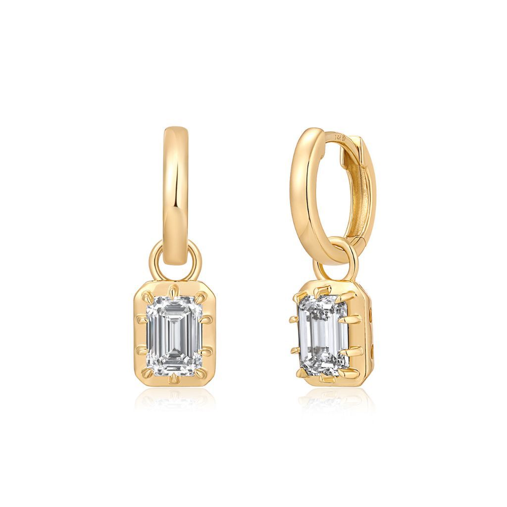 E027 Emerald Lab Grown Designer Drop Huggies Earrings  | North-South Setting | 14K