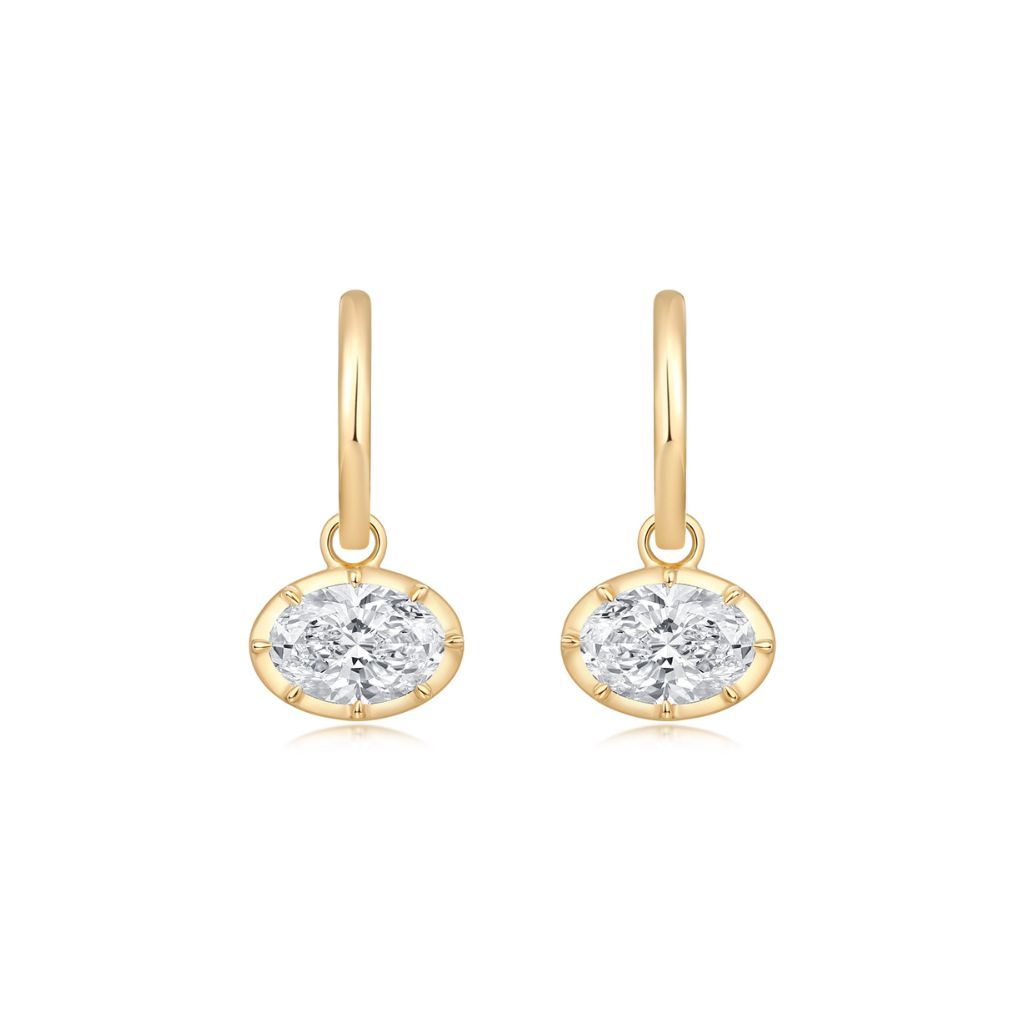 E027 Oval Lab Grown Designer Drop Huggies Earrings  | East-West Setting | 14K