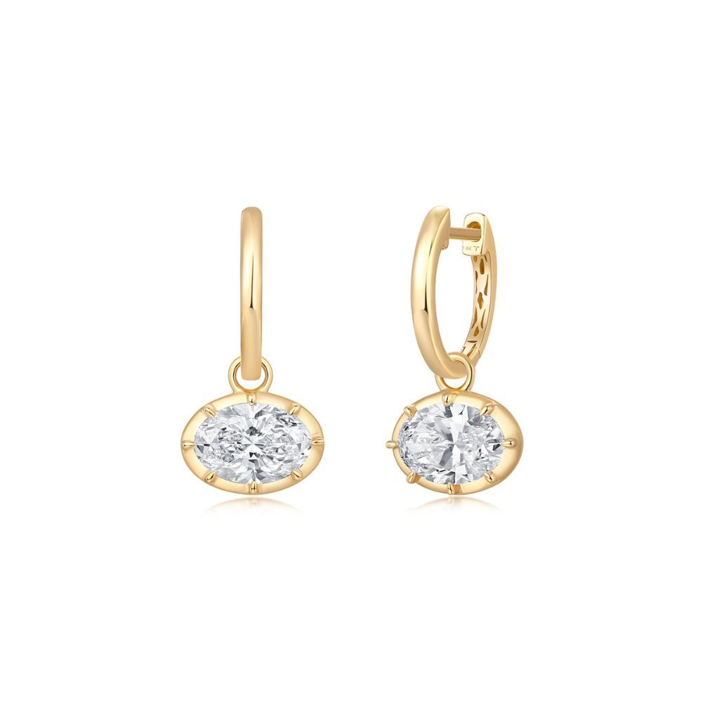 E027 Oval Lab Grown Designer Drop Huggies Earrings  | East-West Setting | 14K