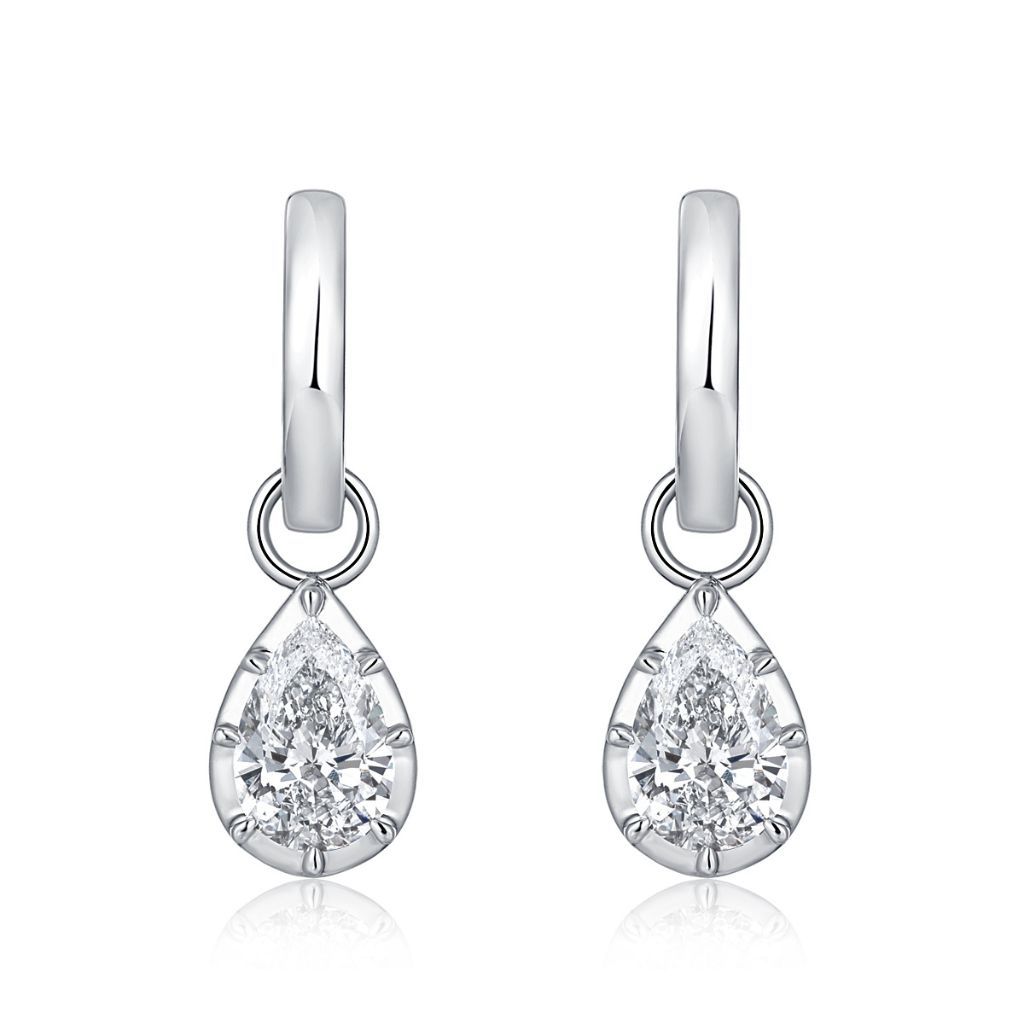 E027 Pear Lab Grown Designer Drop Huggies Earrings  | North-South Setting | 14K