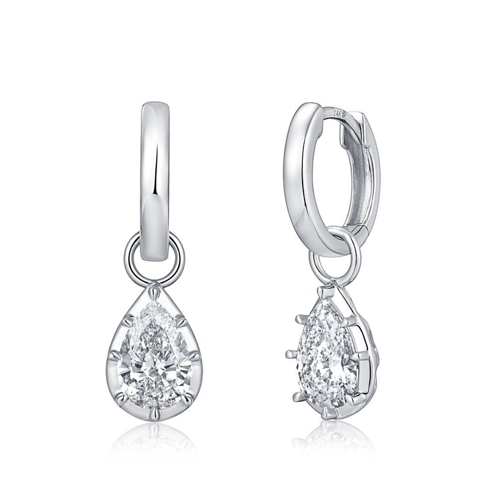 E027 Pear Lab Grown Designer Drop Huggies Earrings  | North-South Setting | 14K