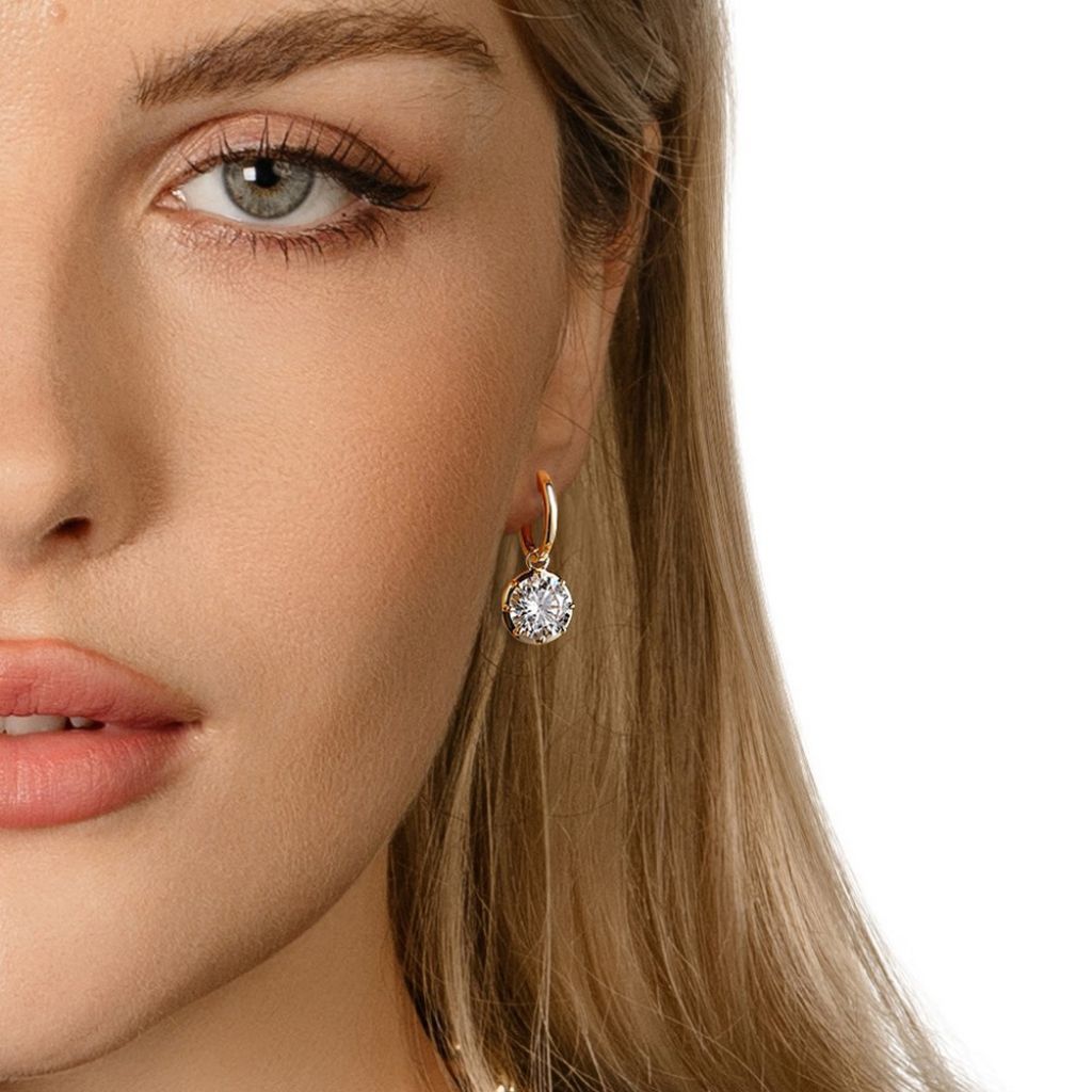 E027 Round Lab Grown Designer Drop Huggies Earrings  | 14K