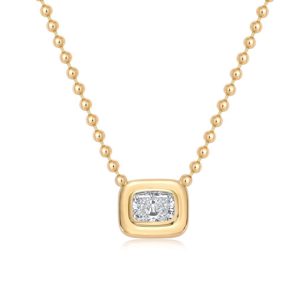 N015 Cushion Lab Grown Designer Double Bezel Necklace | East-West Setting | 14K