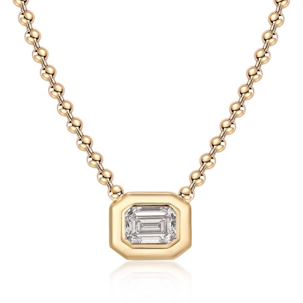 N015 Emerald Lab Grown Designer Double Bezel Necklace | East-West Setting | 14K