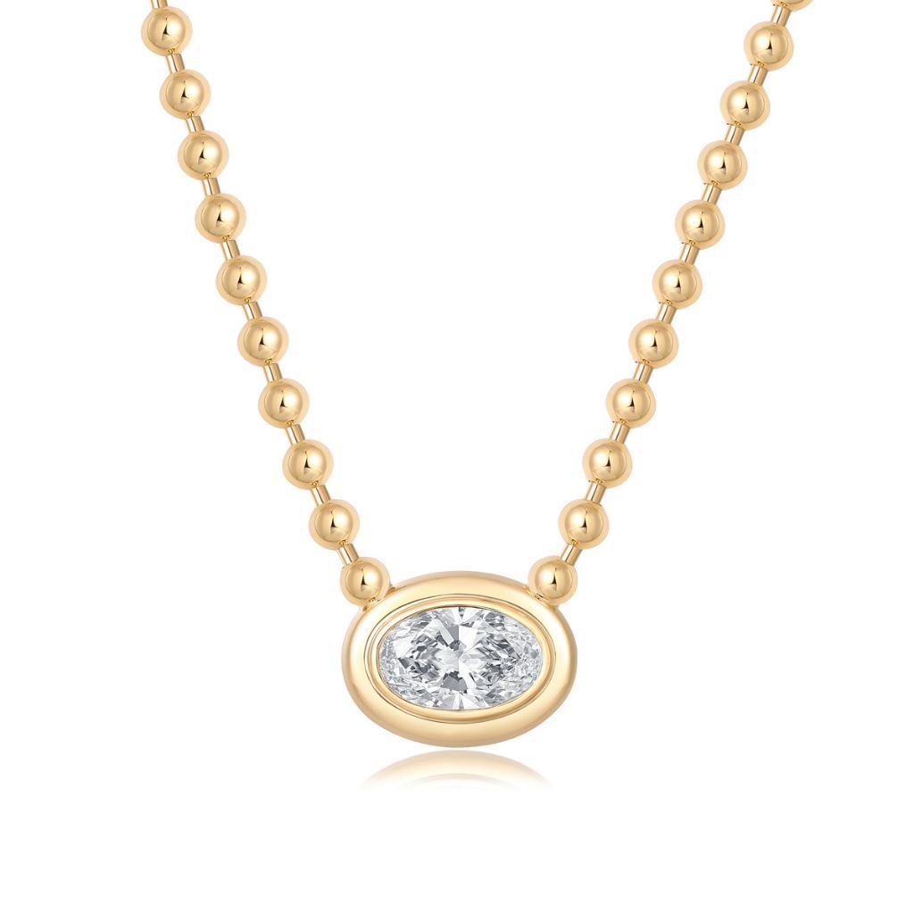 N015 Oval Lab Grown Designer Double Bezel Necklace | East-West Setting | 14K