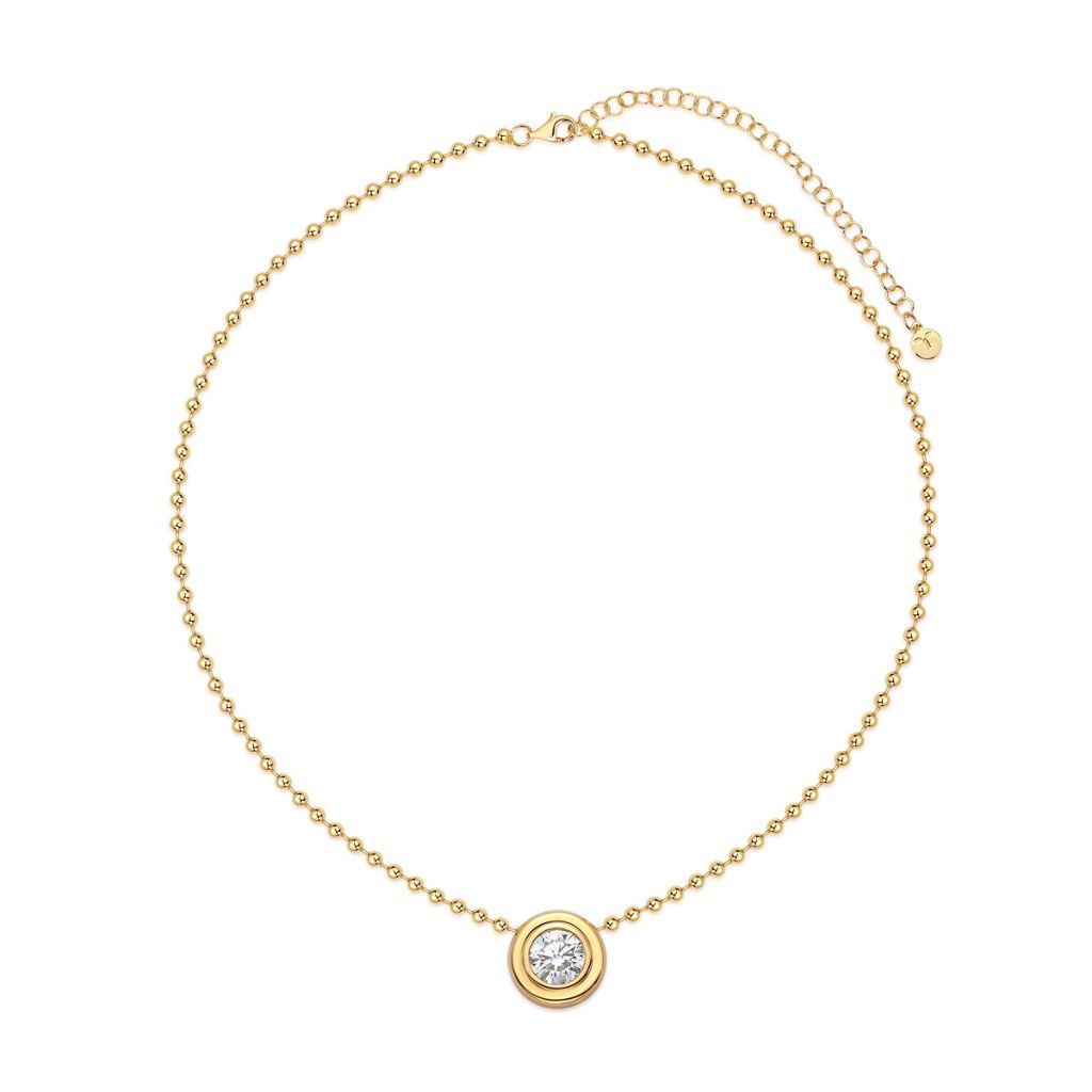 N015 Round Lab Grown Designer Double Bezel Necklace | 14K