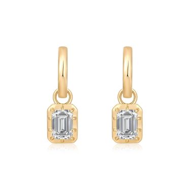 E027 Emerald Lab Grown Designer Drop Huggies Earrings  | North-South Setting | 14K