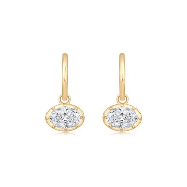 E027 Oval Lab Grown Designer Drop Huggies Earrings  | East-West Setting | 14K