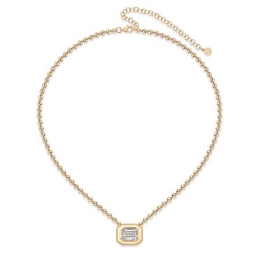 N015 Emerald Lab Grown Designer Double Bezel Necklace | East-West Setting | 14K